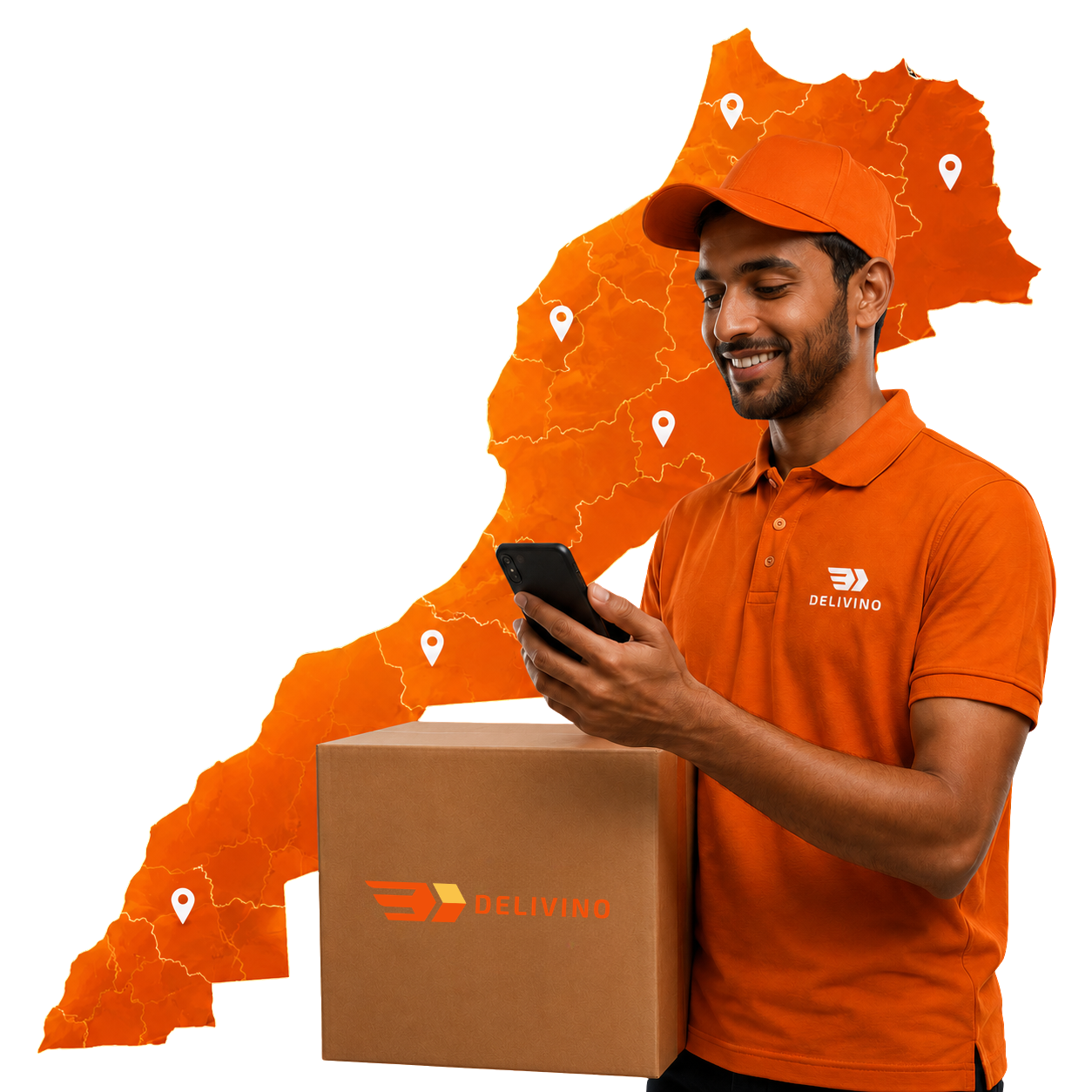 Delivino courier holding packages in front of a map of Morocco